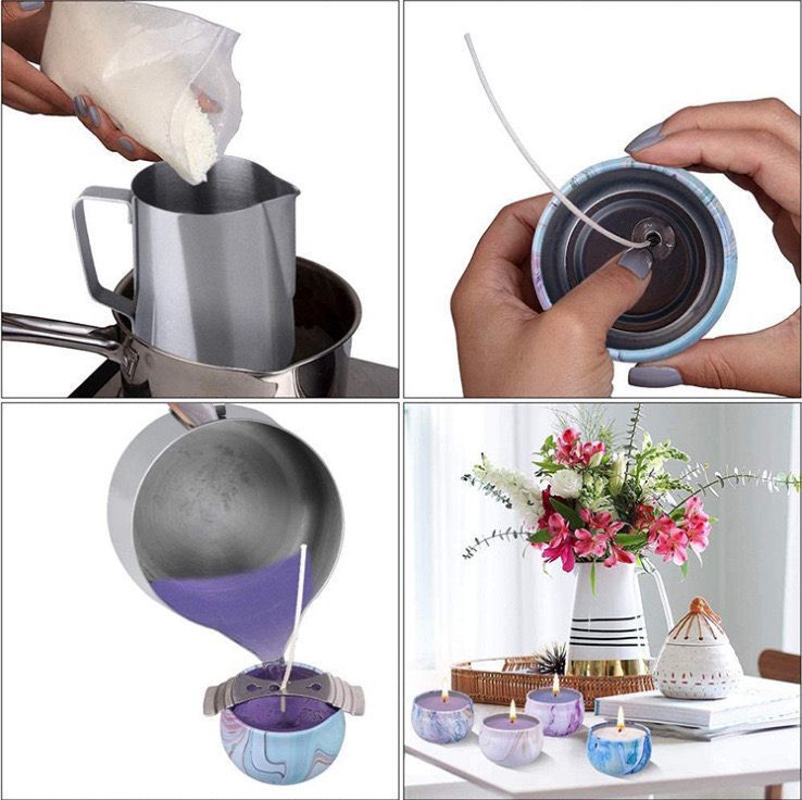 Candle Making Tool Set showcased in use with pouring wax and creating decorative candles