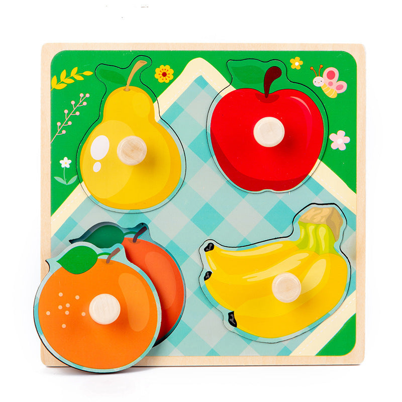 Arts And More Kids’ DIY Cartoon 3D Puzzle featuring colorful wooden fruit shapes with knobs