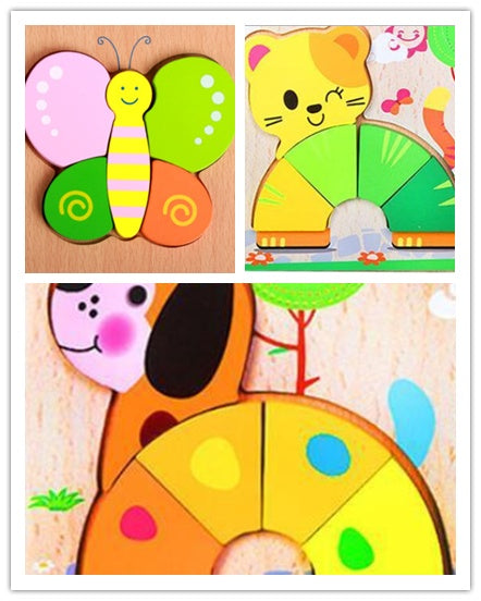 Arts And More Kids DIY Kits featuring colorful Cartoon 3D Puzzle pieces of a butterfly, cat, and dog