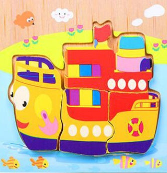 Colorful kids DIY Cartoon 3D Puzzle of a smiling yellow and red boat on water with fish