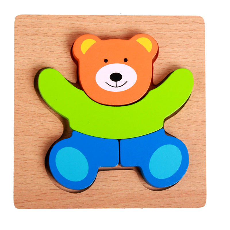 Cartoon 3D Puzzle wooden bear with colorful pieces in green, blue, and orange for kids DIY kits