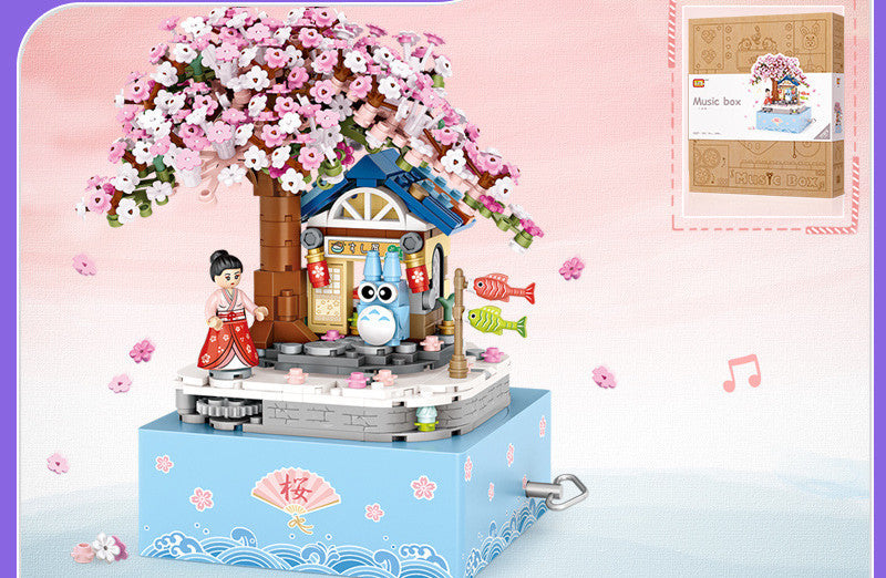 Colorful Castle Building Blocks Arts and Crafts Kit with Cherry Blossom Tree and Music Box Feature