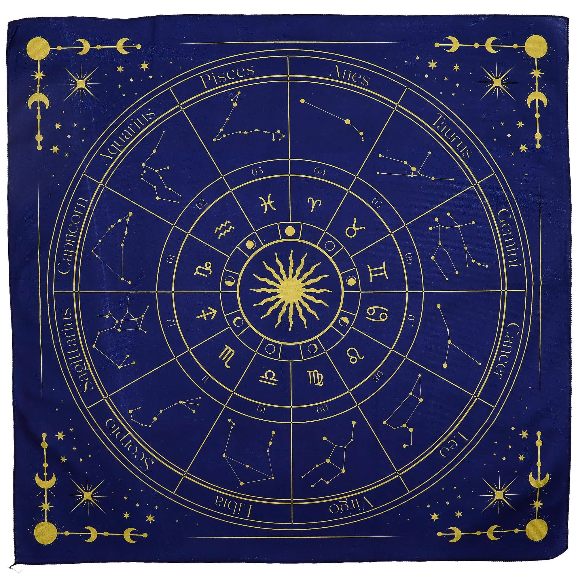 Celestial Tarot Gift Set with a navy tarot cloth featuring zodiac signs and gold constellations