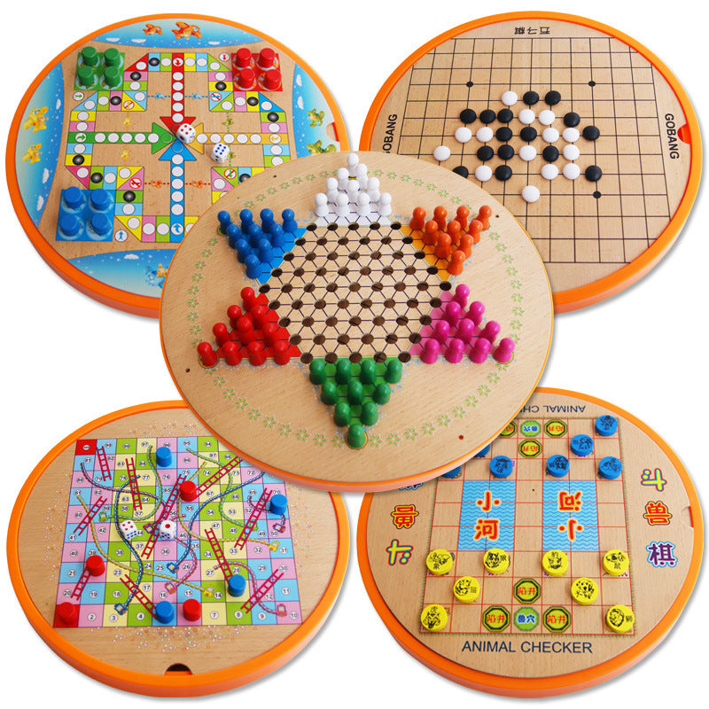 Arts And More Chess Game Set featuring multiple colorful board games including checkers and strategy games