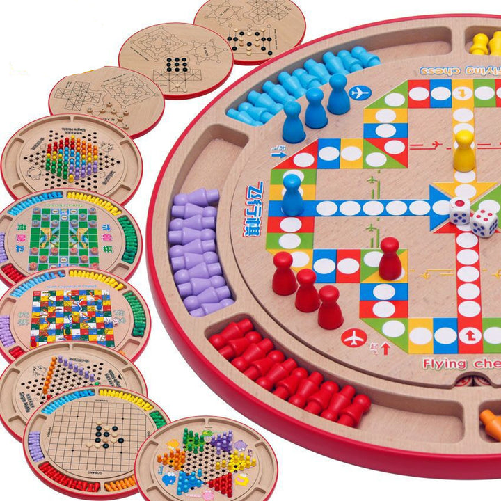 Arts And More Chess Game Set and multi-board wooden arts and crafts kit with colorful game pieces