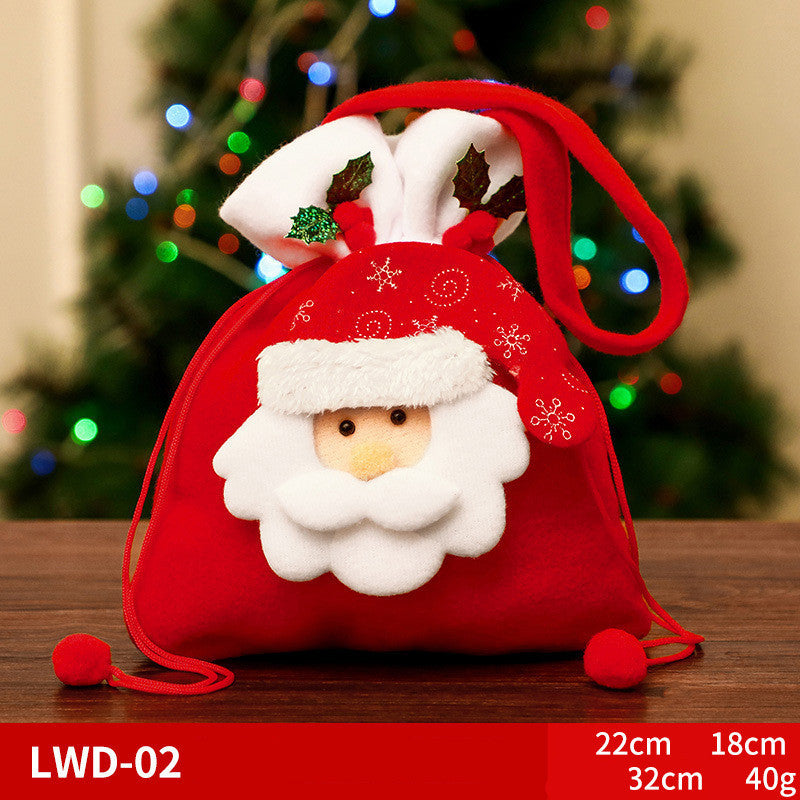 Christmas Brushed Apple Gift Bag featuring a Santa design with a cute felt beard and red drawstring