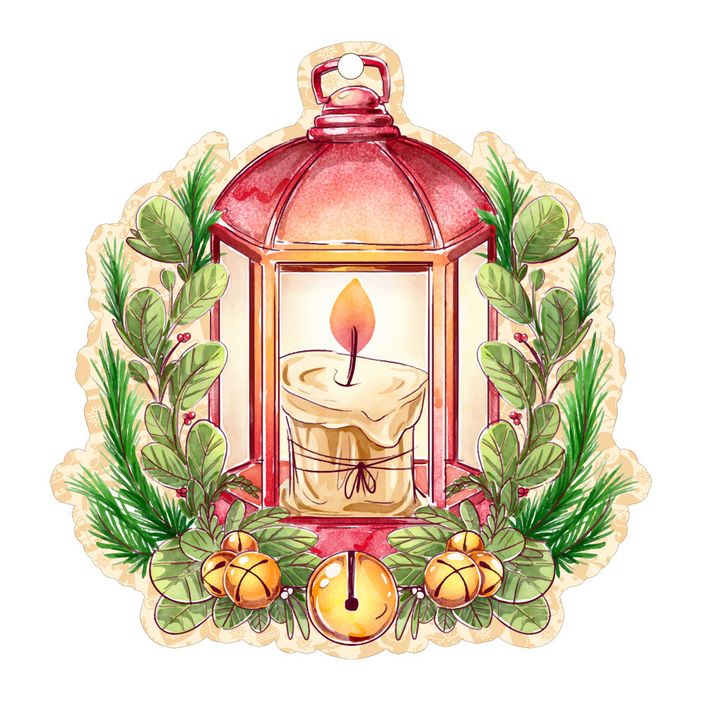 Christmas Decor Pendants featuring a festive lantern with a candle and greenery accents