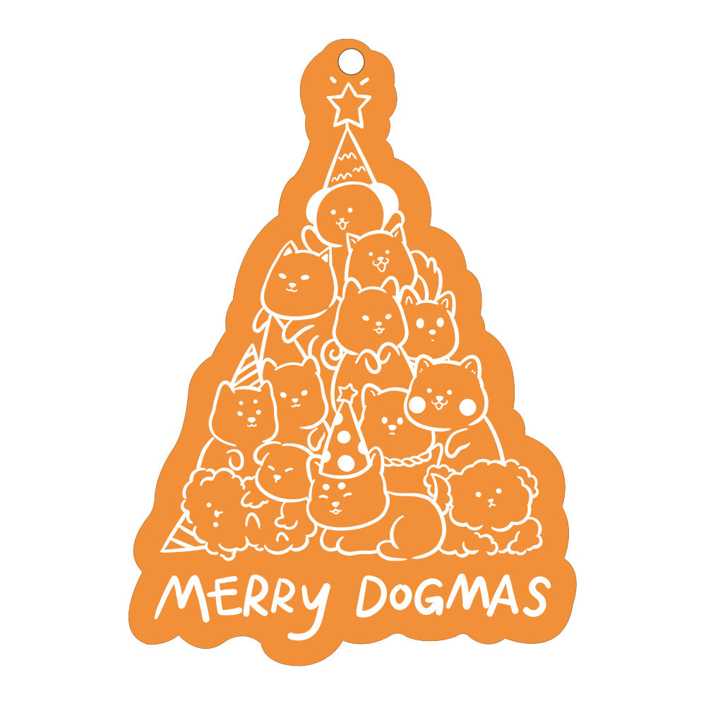 Colorful Christmas Decor Pendants featuring adorable pets stacked in a holiday tree design with Merry Dogmas text