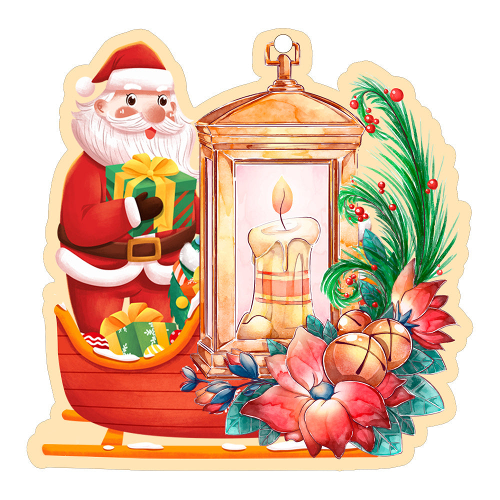 Colorful Christmas Decor Pendants featuring Santa with gifts and a festive lantern