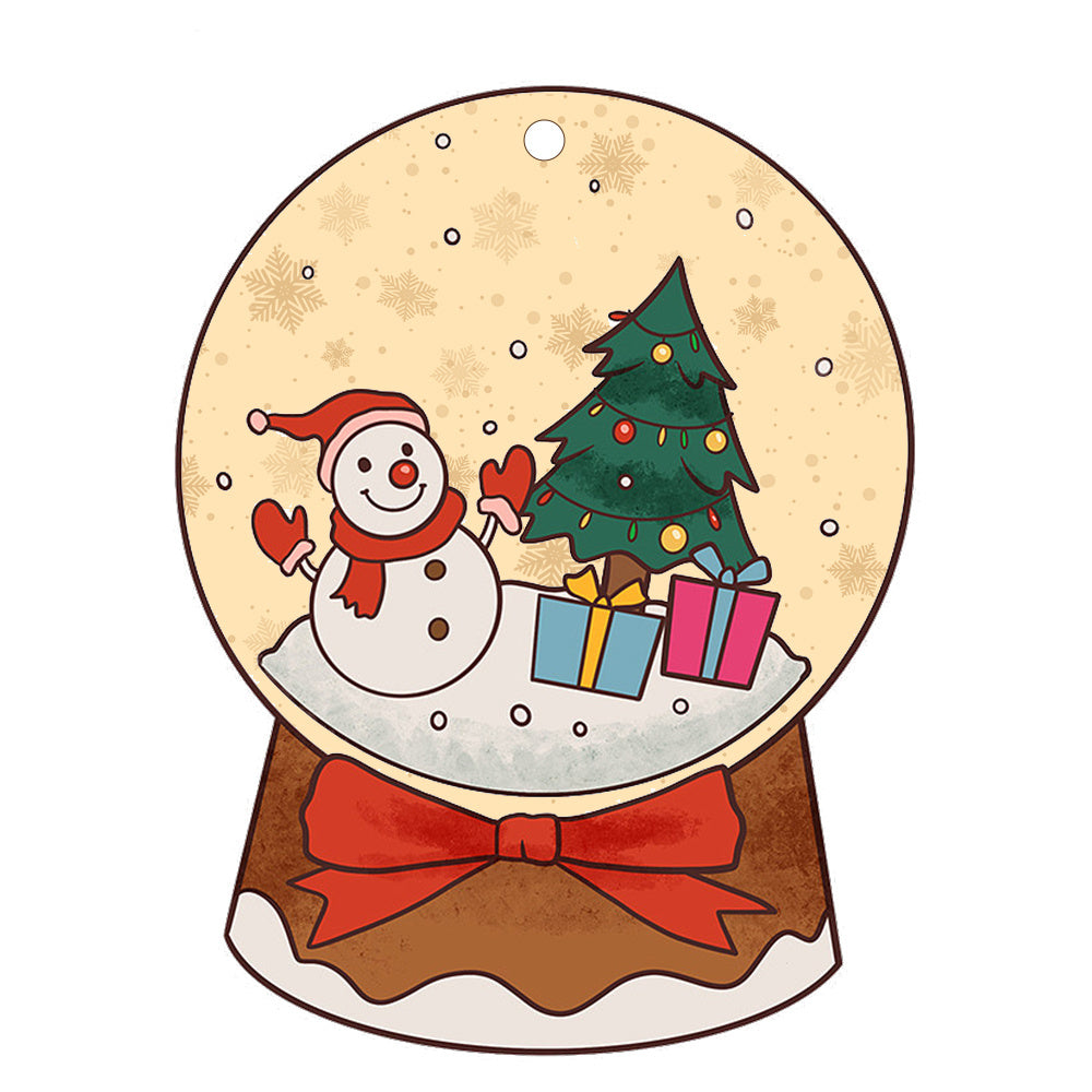 Colorful Christmas Decor Pendants featuring a snowman, tree, and gifts in a snow globe design