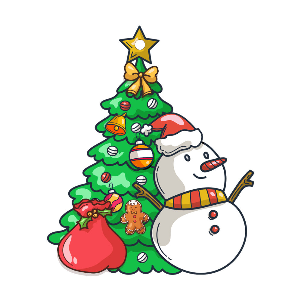 Colorful Christmas tree with decorations and a smiling snowman, perfect for Christmas Decor Pendants