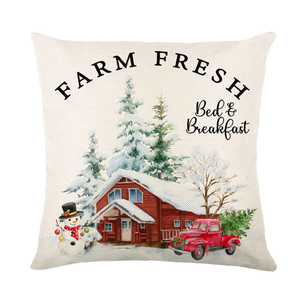 Christmas Pillow Covers featuring a snowy farmhouse scene with a vintage red truck and a snowman.