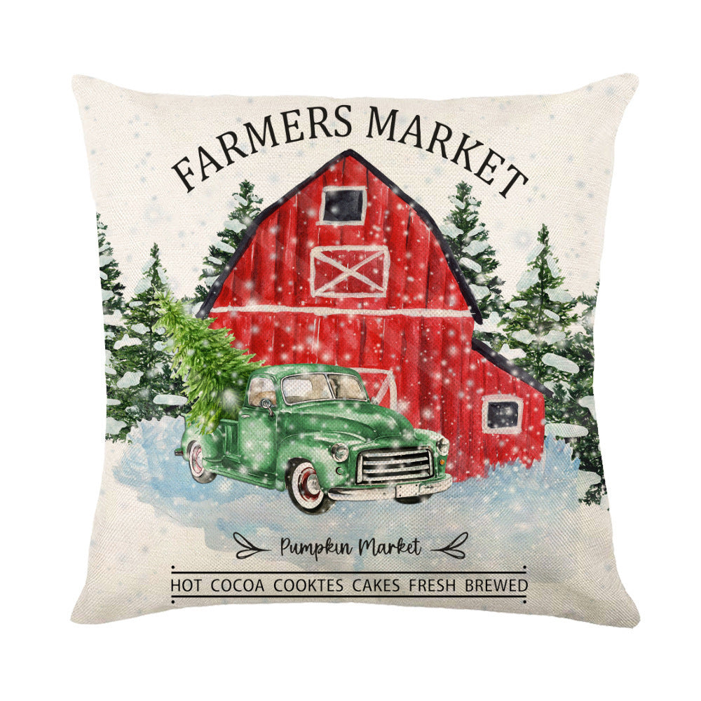 Christmas Pillow Covers featuring a vintage truck and red barn with winter scenery and text design