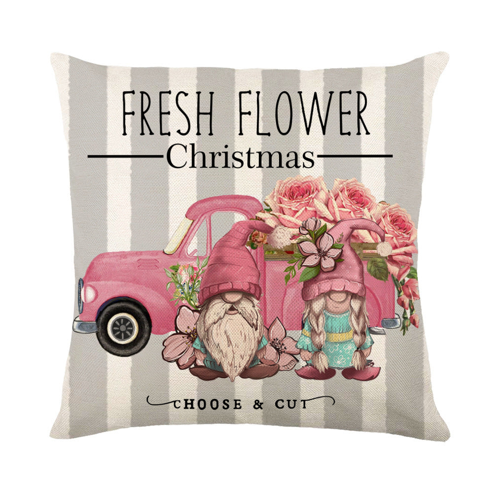 Home Improvement Kits Christmas Pillow Covers featuring a pink truck and gnome design with floral accents