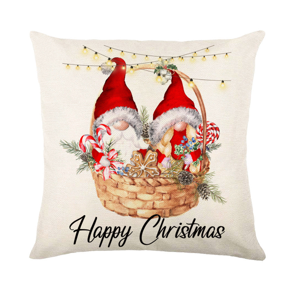 Decorative Christmas Pillow Covers featuring gnomes in a basket with candies and a Happy Christmas message