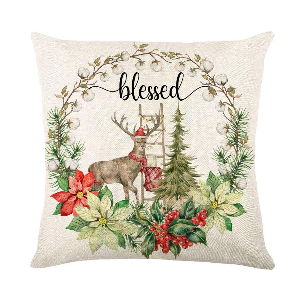 Christmas Pillow Covers featuring a reindeer and festive floral designs with the word blessed