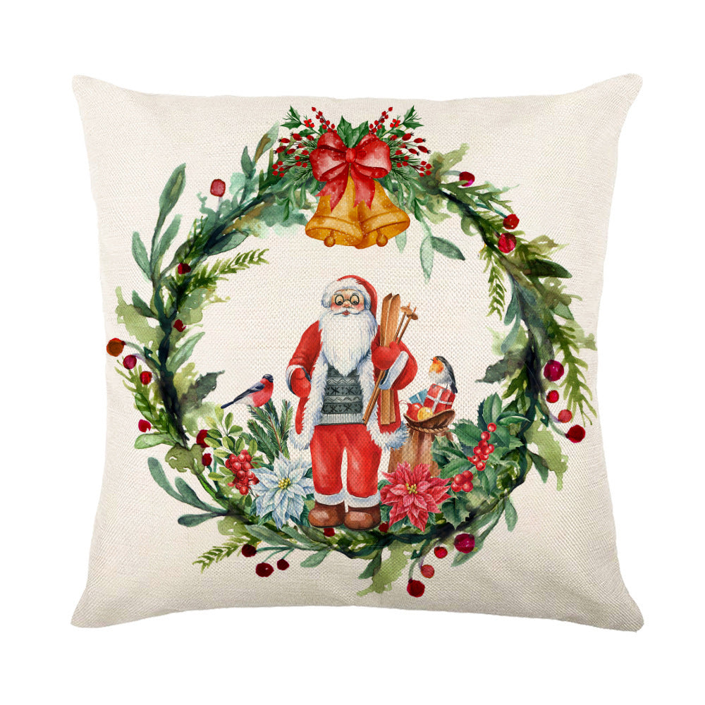 Festive Christmas Pillow Covers featuring Santa surrounded by a wreath and seasonal decorations