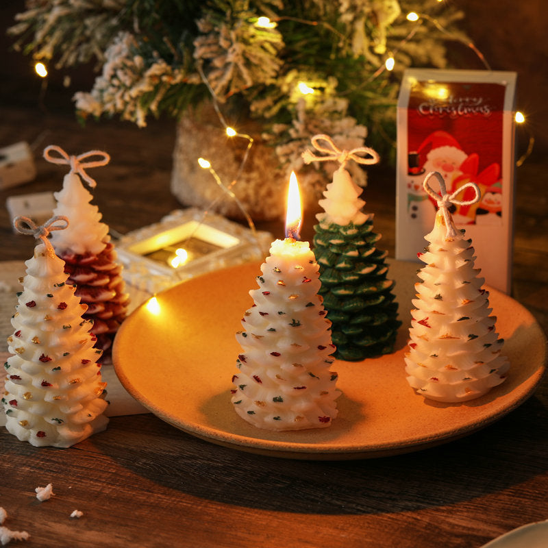 Christmas Soy Wax Aromatherapy Candle in festive tree shapes with lights and holiday decor