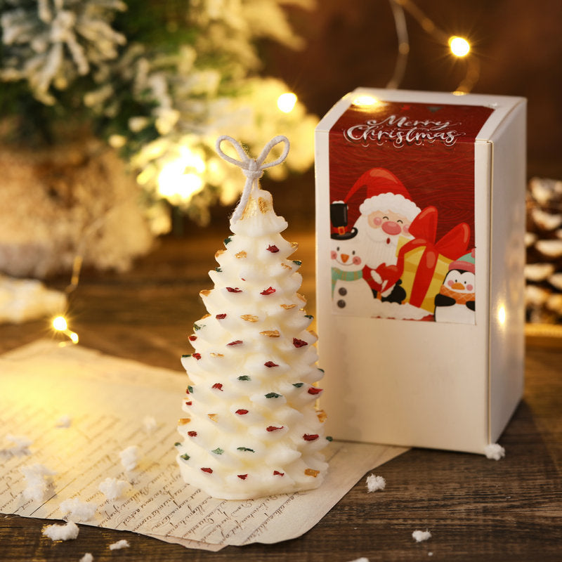 Christmas Soy Wax Aromatherapy Candle in the shape of a tree with colorful decorations and a festive box