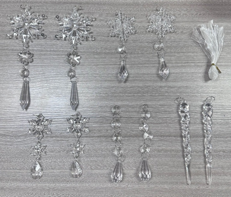 Set of clear Christmas Tree Hanging Pendants with various designs for elegant holiday decorations