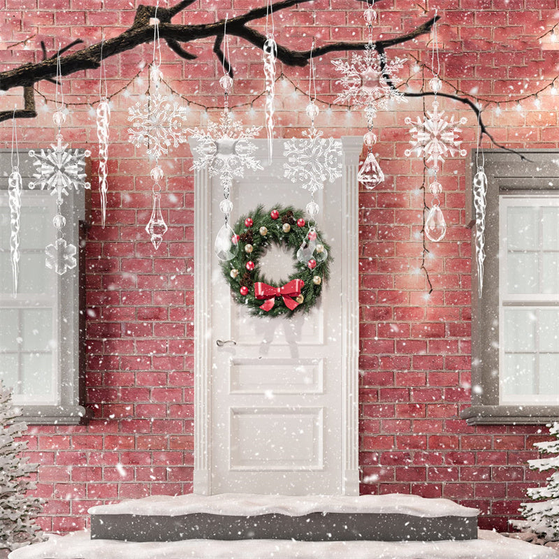 Charming Christmas Tree Hanging Pendants decorating a cozy home entrance with snowflakes and a festive wreath