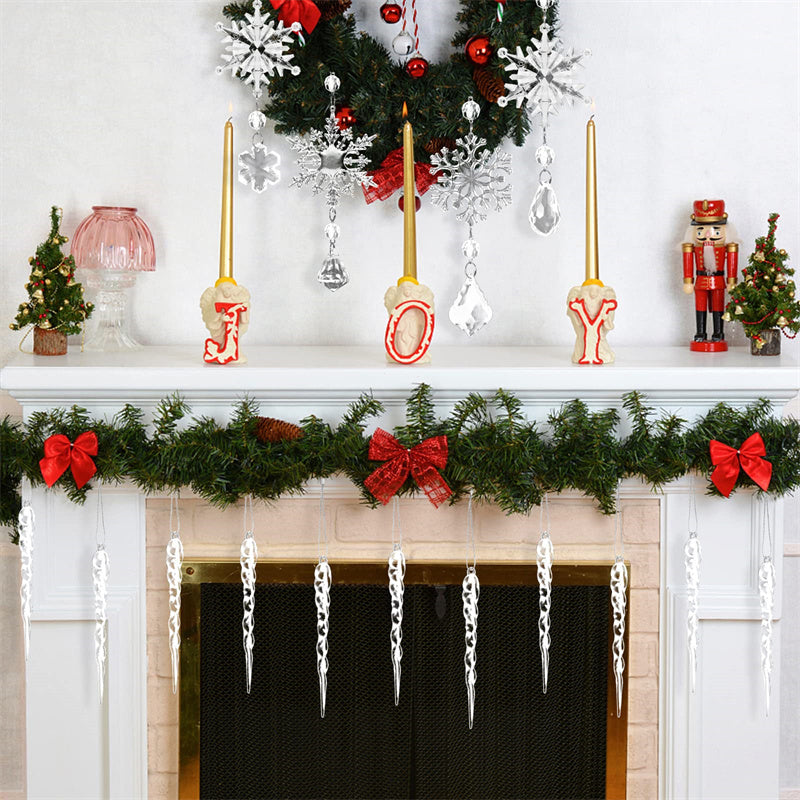 Christmas Tree Hanging Pendants displayed on a festive mantel with decorations and a wreath