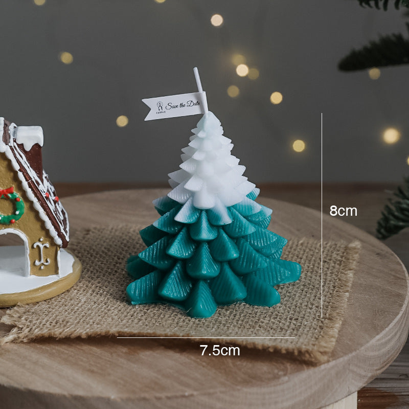 Christmas Tree Scented Candle in teal and white, designed for festive holiday decor