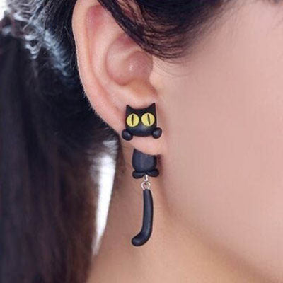 Black cat Clay Animal Earrings with yellow eyes and dangling tail by Arts And More