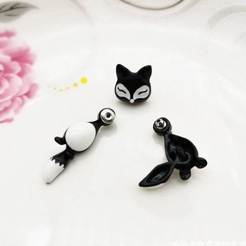 Arts And More black and white Clay Animal Earrings shaped like a fox head and two birds