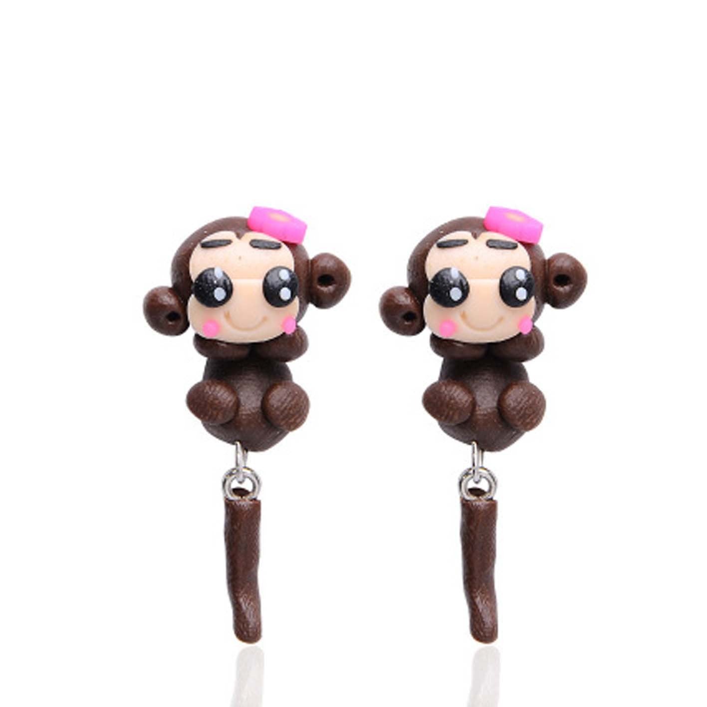 Arts And More Clay Animal Earrings featuring cute brown monkey design with pink bow decoration