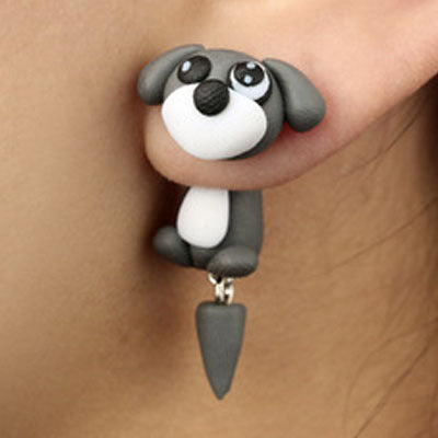 Gray and white Clay Animal Earrings shaped like a cute dog with dangling tail by Arts And More