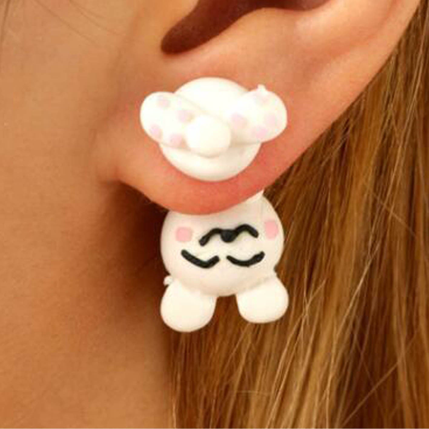 White Clay Animal Earrings shaped like a cute bunny worn on ear by Arts And More