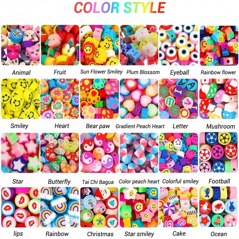 Clay Beaded Set with colorful animal, fruit, smiley, flower, heart, and star designs for crafting