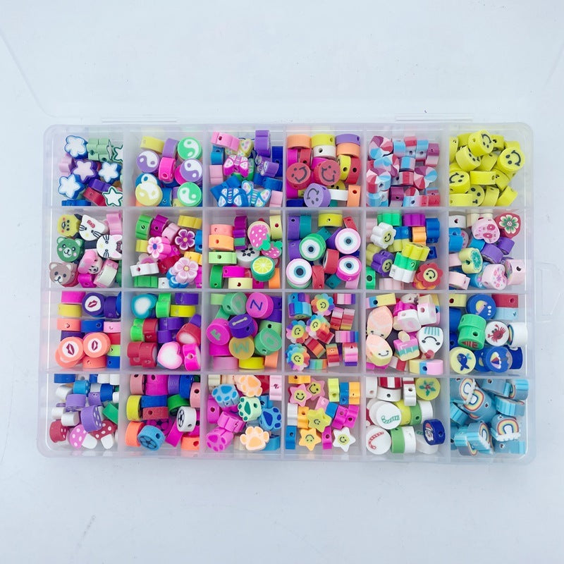 Arts And More Clay Beaded Set with colorful assorted shapes and designs organized in a clear plastic container