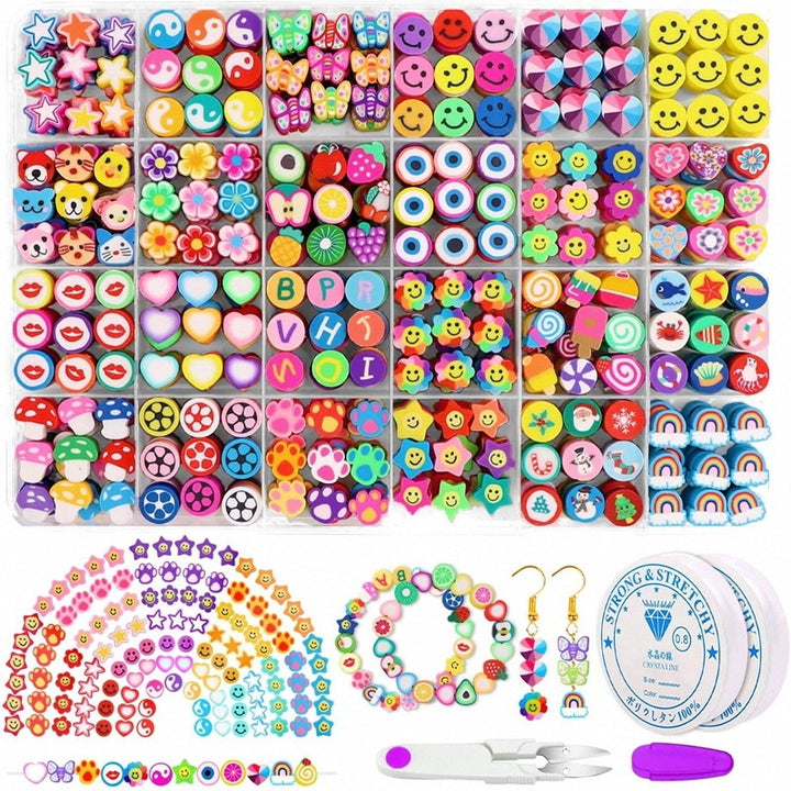 Arts And More Clay Beaded Set with colorful handmade clay beads, crafting tools, and elastic cords for DIY jewelry