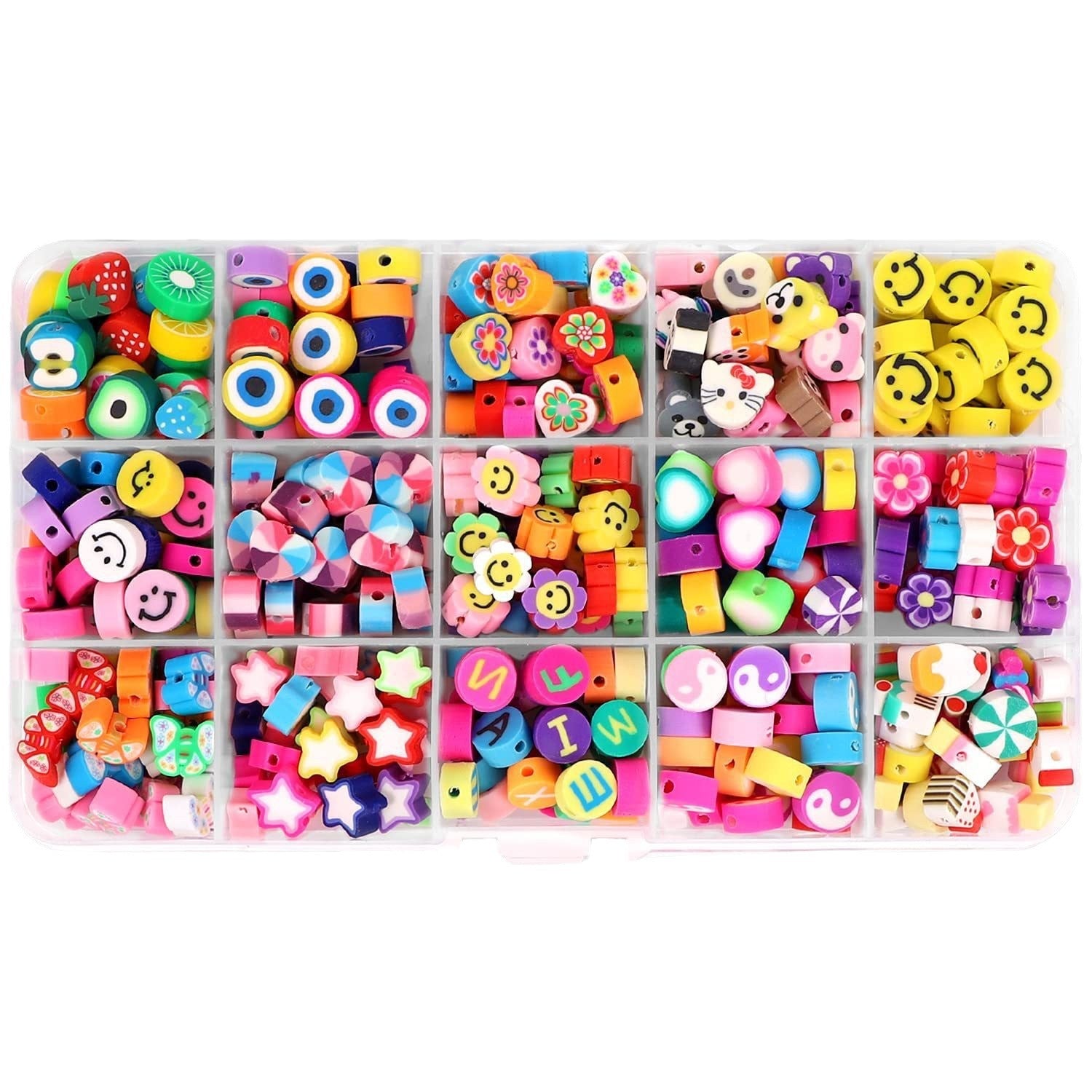 Arts And More colorful Clay Beaded Set with various shapes and smiley designs in a compartment organizer