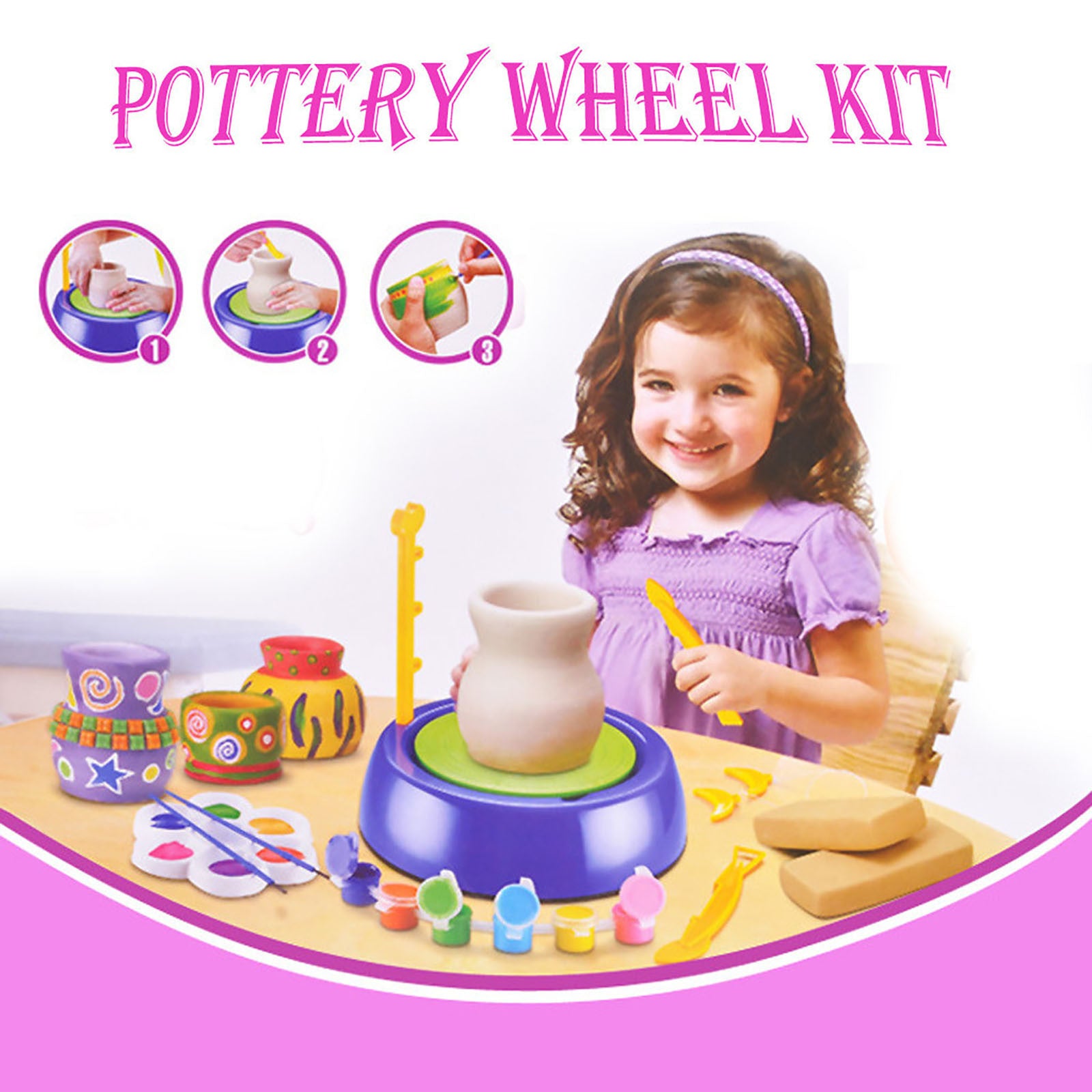 Clay Pottery Making Set for kids featuring a pottery wheel and colorful accessories for creative crafting