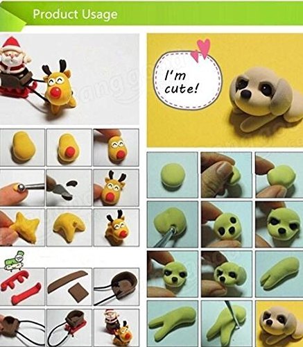 Clay Tool Set for crafting detailed clay figures like reindeer and puppies with step-by-step usage instructions