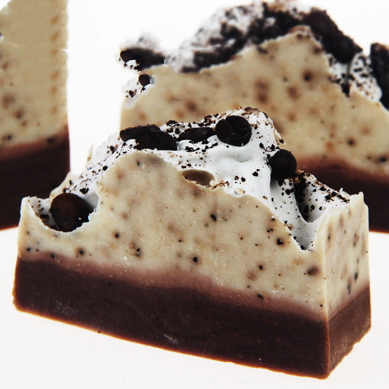 Coffee Essential Oil Soap by Arts And More with coffee bean accents and layered brown and cream colors