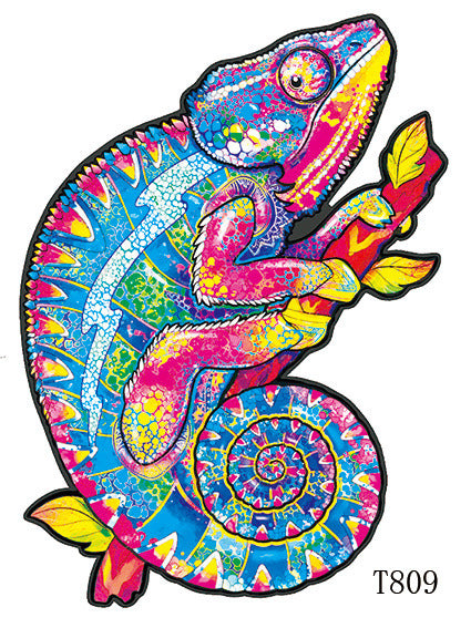 Colorful Chameleon Wooden Puzzle arts and crafts kit by Arts And More with vibrant blue and pink design