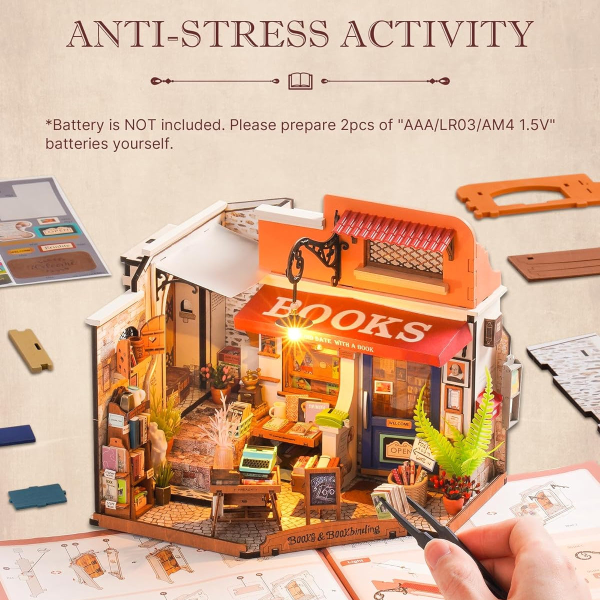 Robotime Rolife Corner Bookstore DIY Miniature House Kit with detailed interior and cozy atmosphere