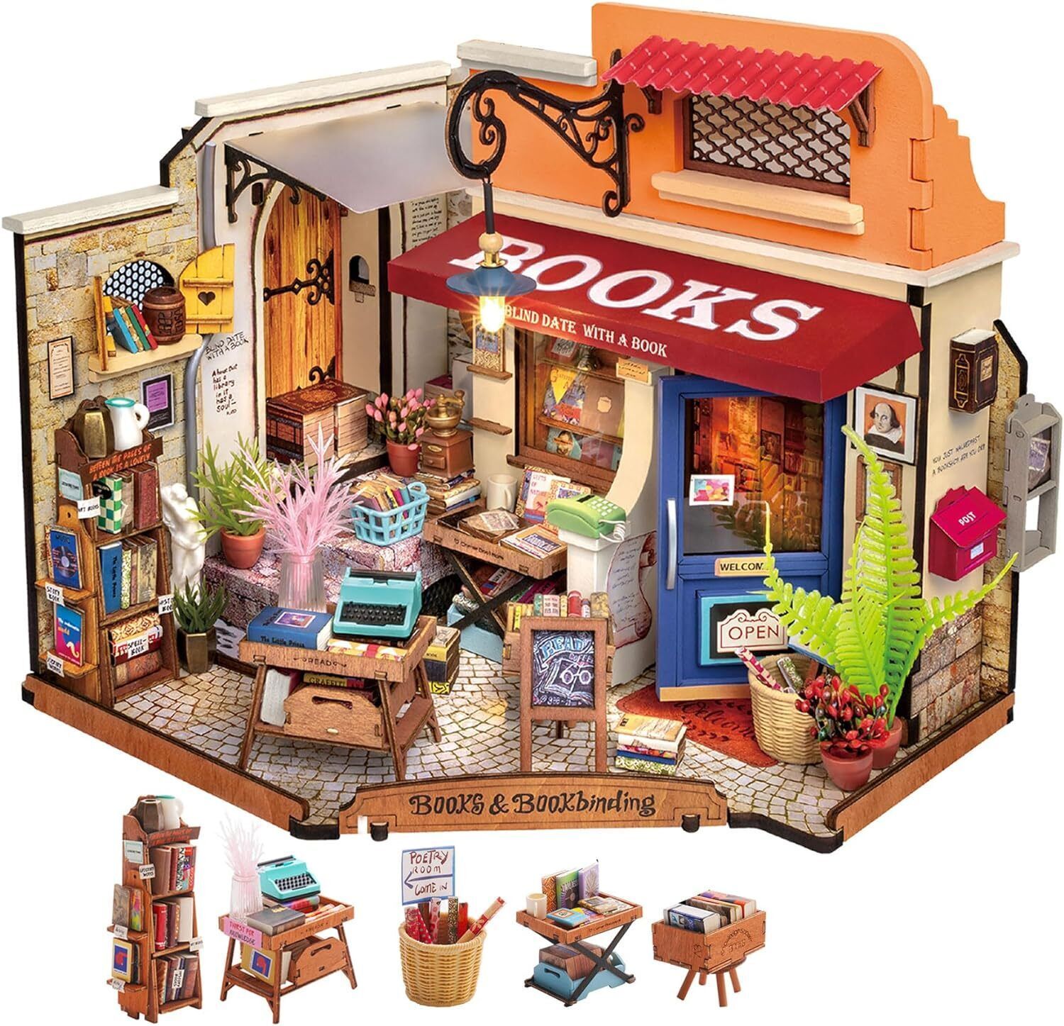 Corner Bookstore DIY Miniature House Kit featuring detailed interior with books, plants, and crafts