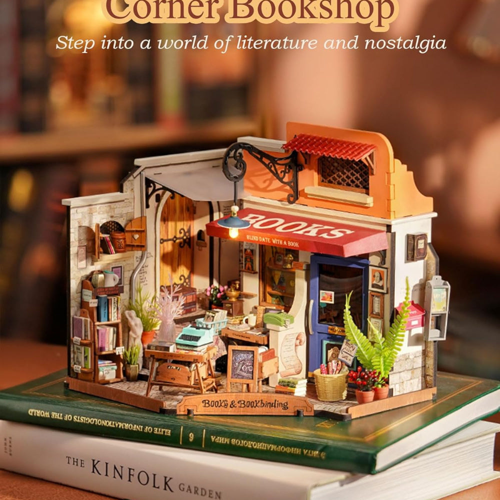 Corner Bookstore DIY Miniature House Kit featuring detailed shelves and cozy reading space