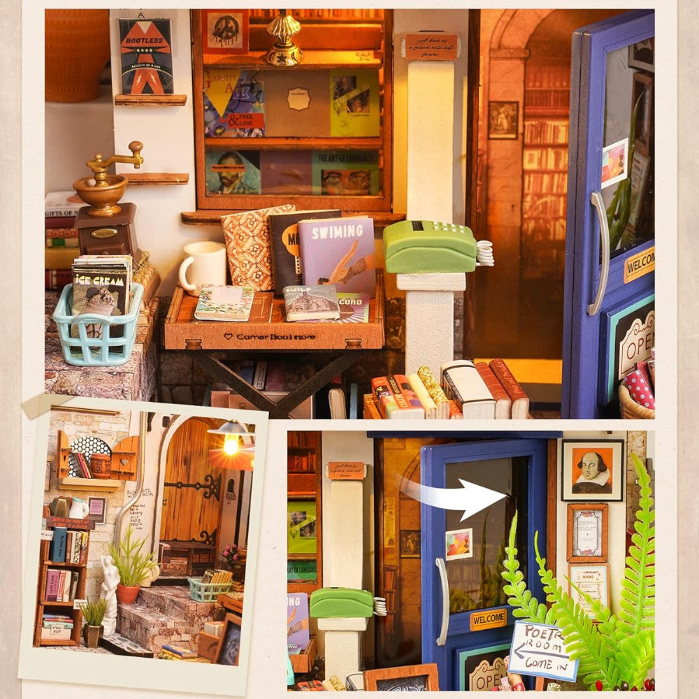 Corner Bookstore DIY Miniature House Kit with detailed shelves, books, and colorful decor