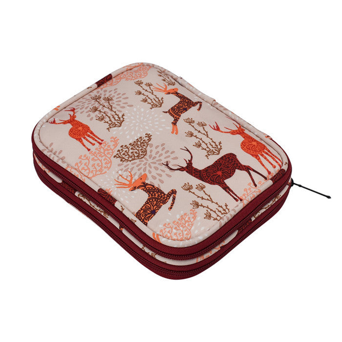Arts And More crochet kit featuring a deer-patterned Crochet Set Storage Bag with double zipper closure