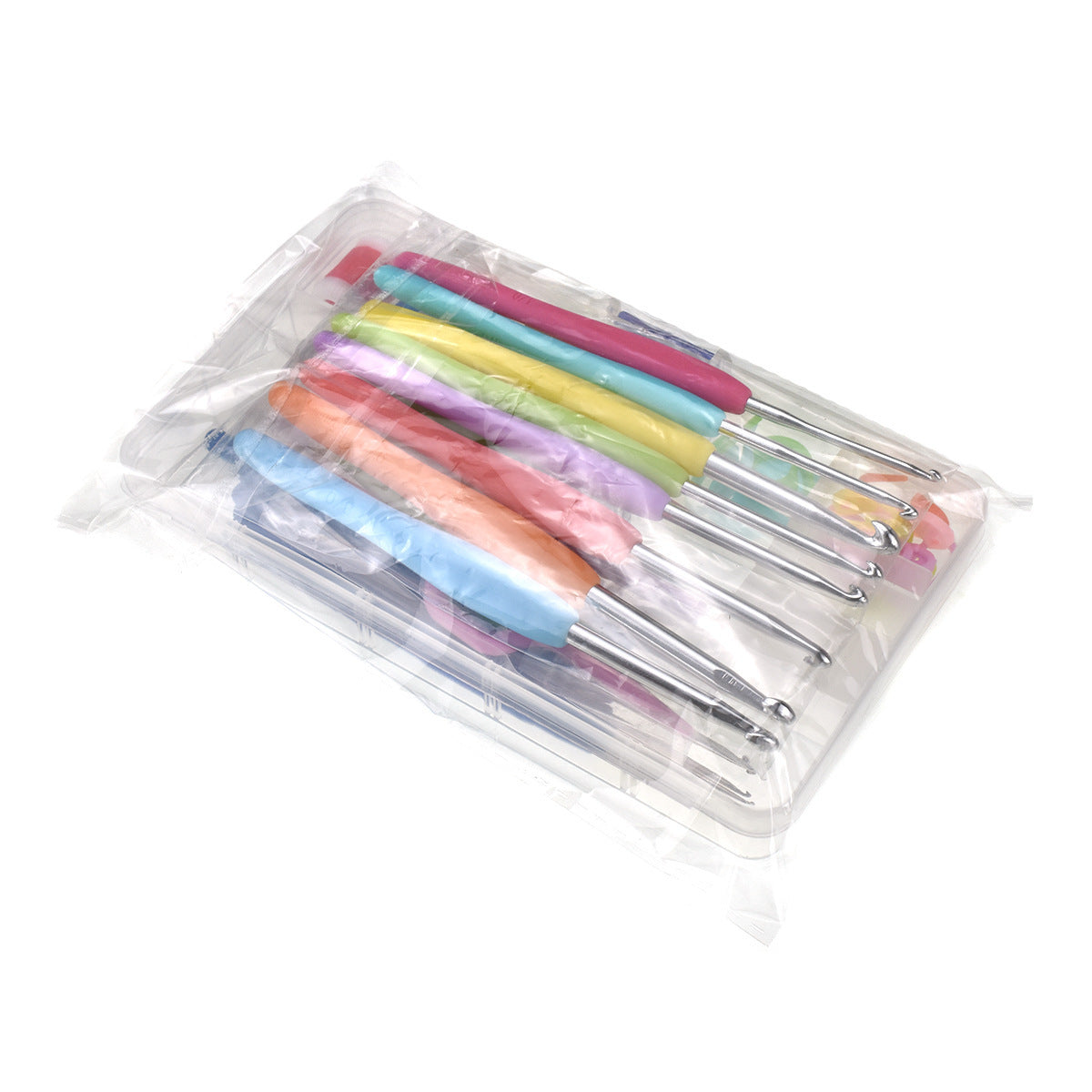 Colorful Crochet Tool Set in a clear packaging ideal for crafting and DIY projects