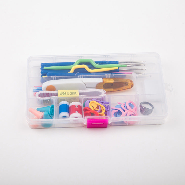 Complete Crochet Tool Set in a storage box, featuring various hooks and accessories for crafting projects.