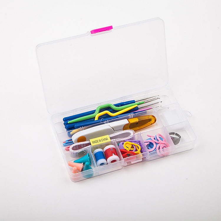 Crochet Tool Set in a clear storage box including hooks, stitch markers and yarn clips