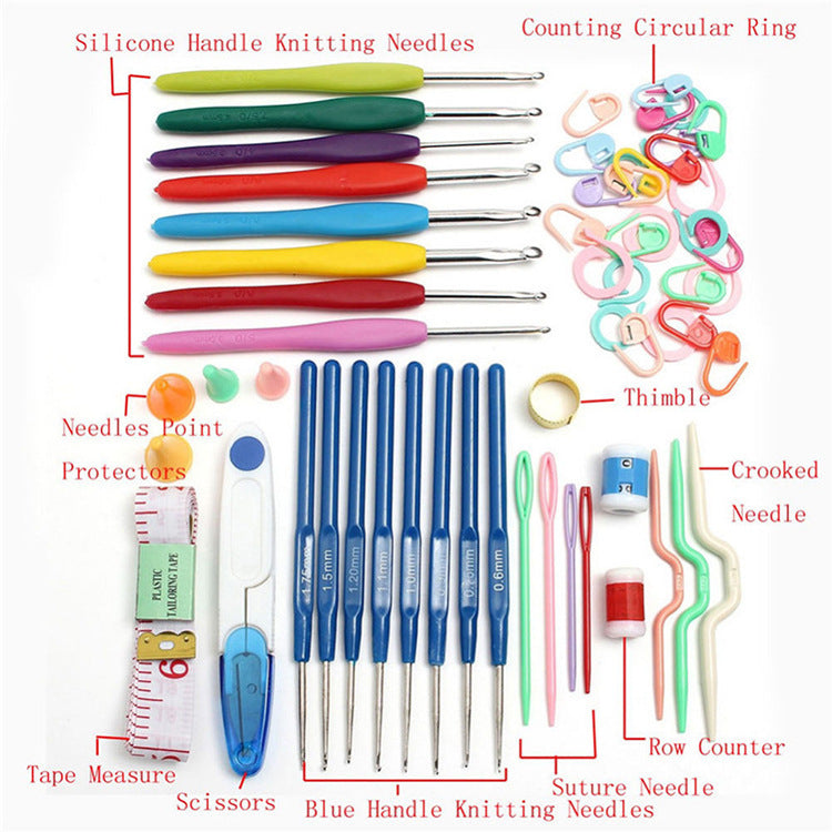 Complete Crochet Tool Set featuring silicone knitting needles, scissors, and accessories for crafting enthusiasts
