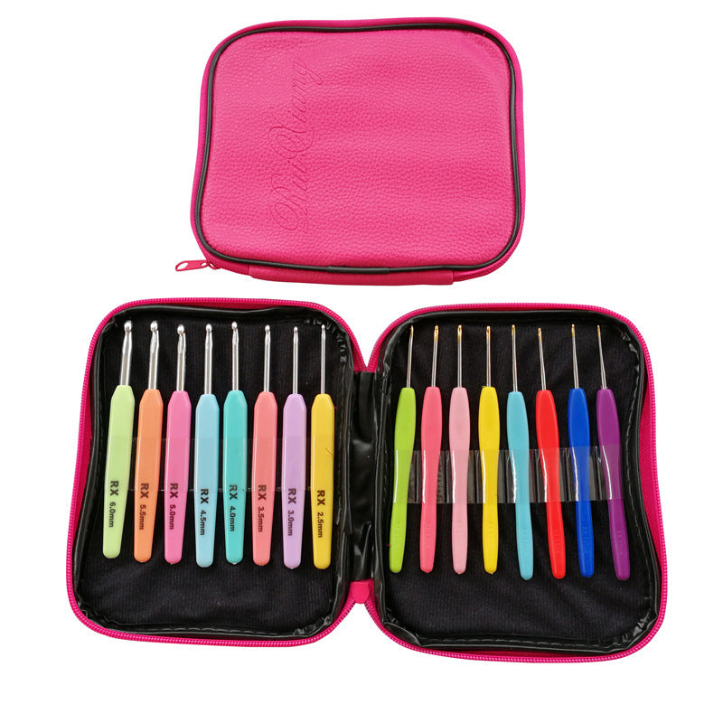Arts And More crochet kit with colorful crochet tools in a pink zippered carrying case